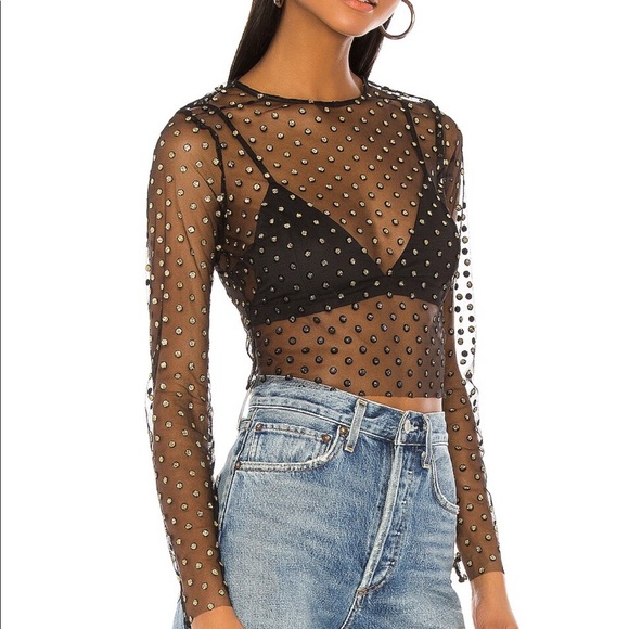 ✨H:ours Mesmerize Top Sheer Mesh Polka dot Black Gold Long Sleeve Blouse Revolve - Picture 6 of 6